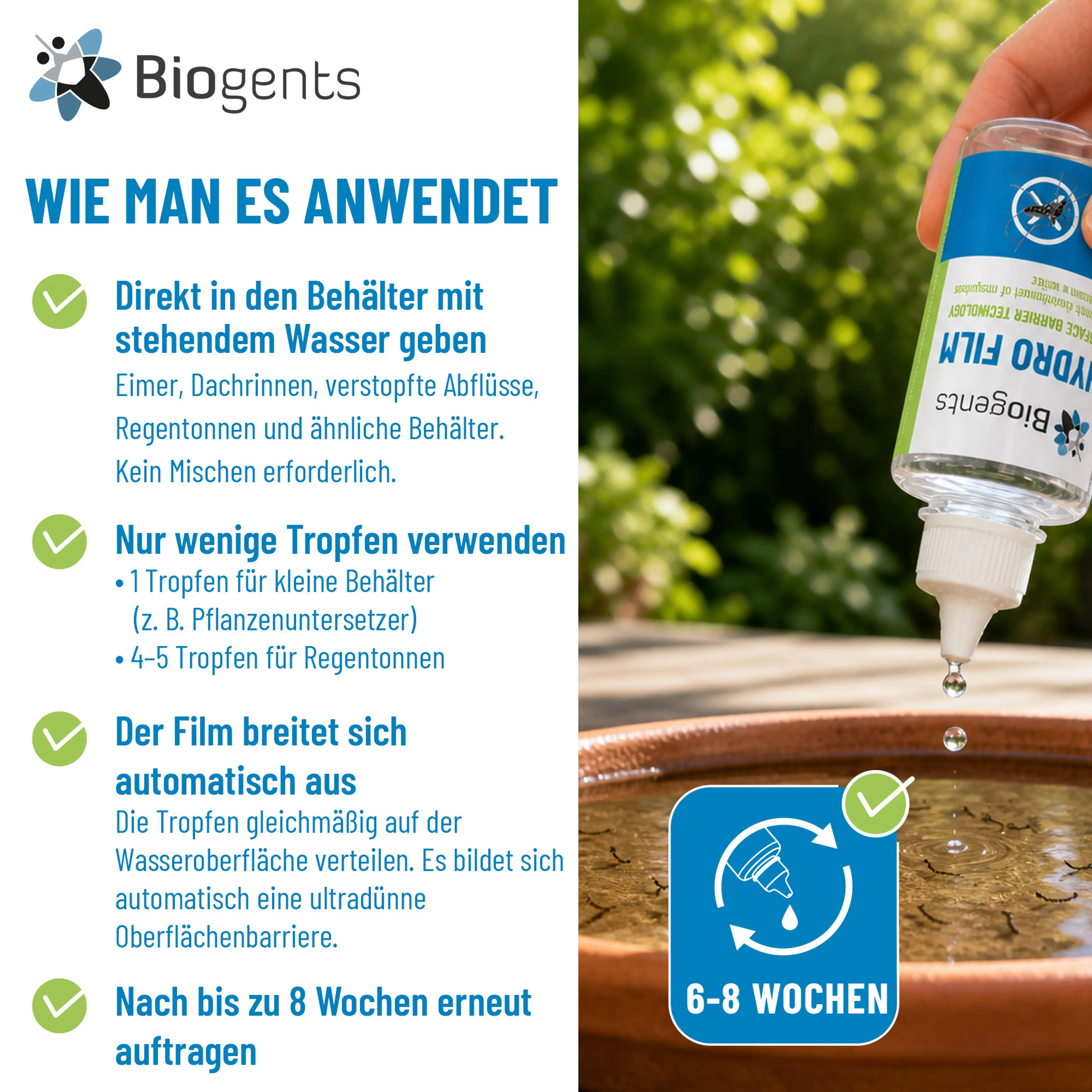 Alternative zu Mückenlarviziden: Biogents HYDRO FILM