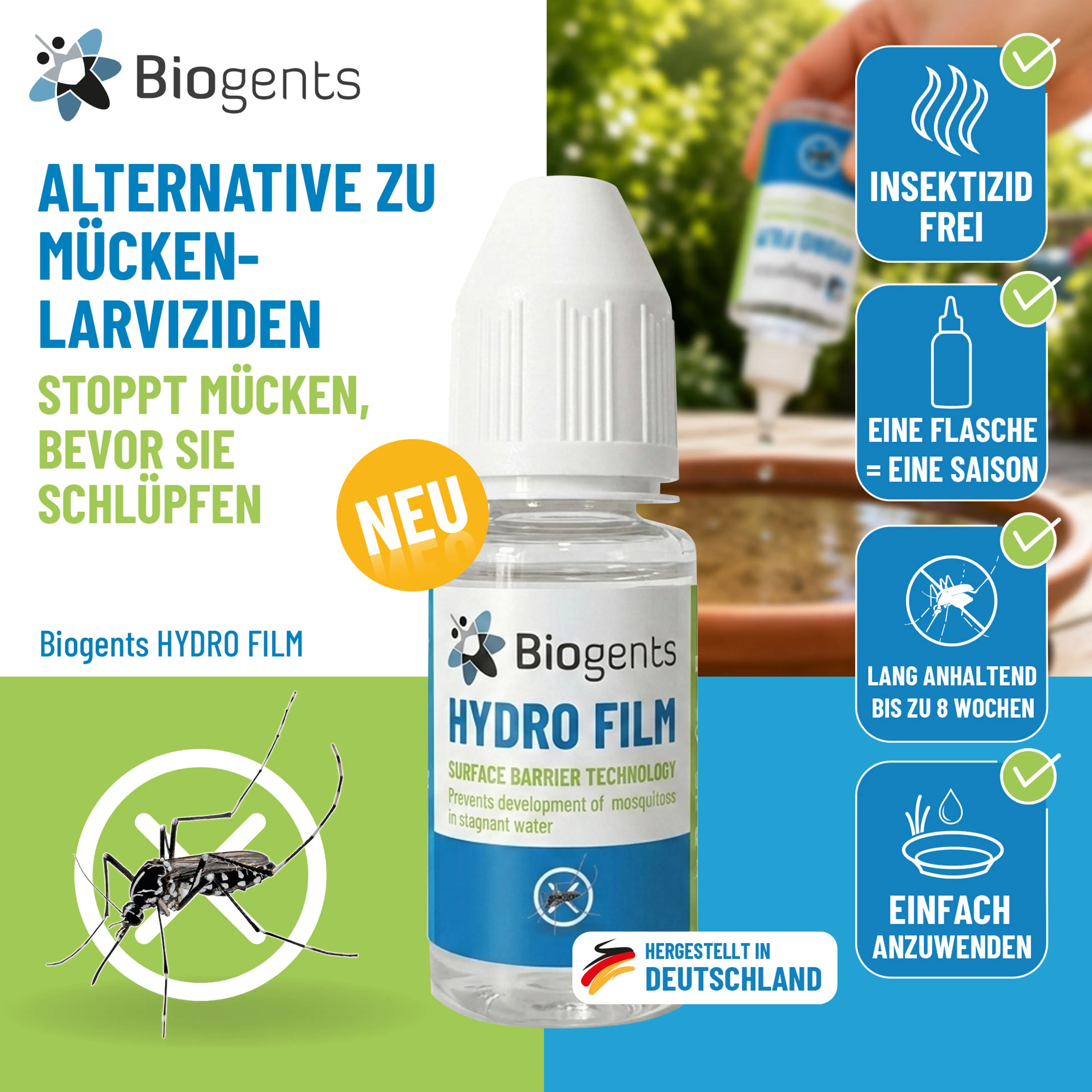 Alternative zu Mückenlarviziden: Biogents HYDRO FILM