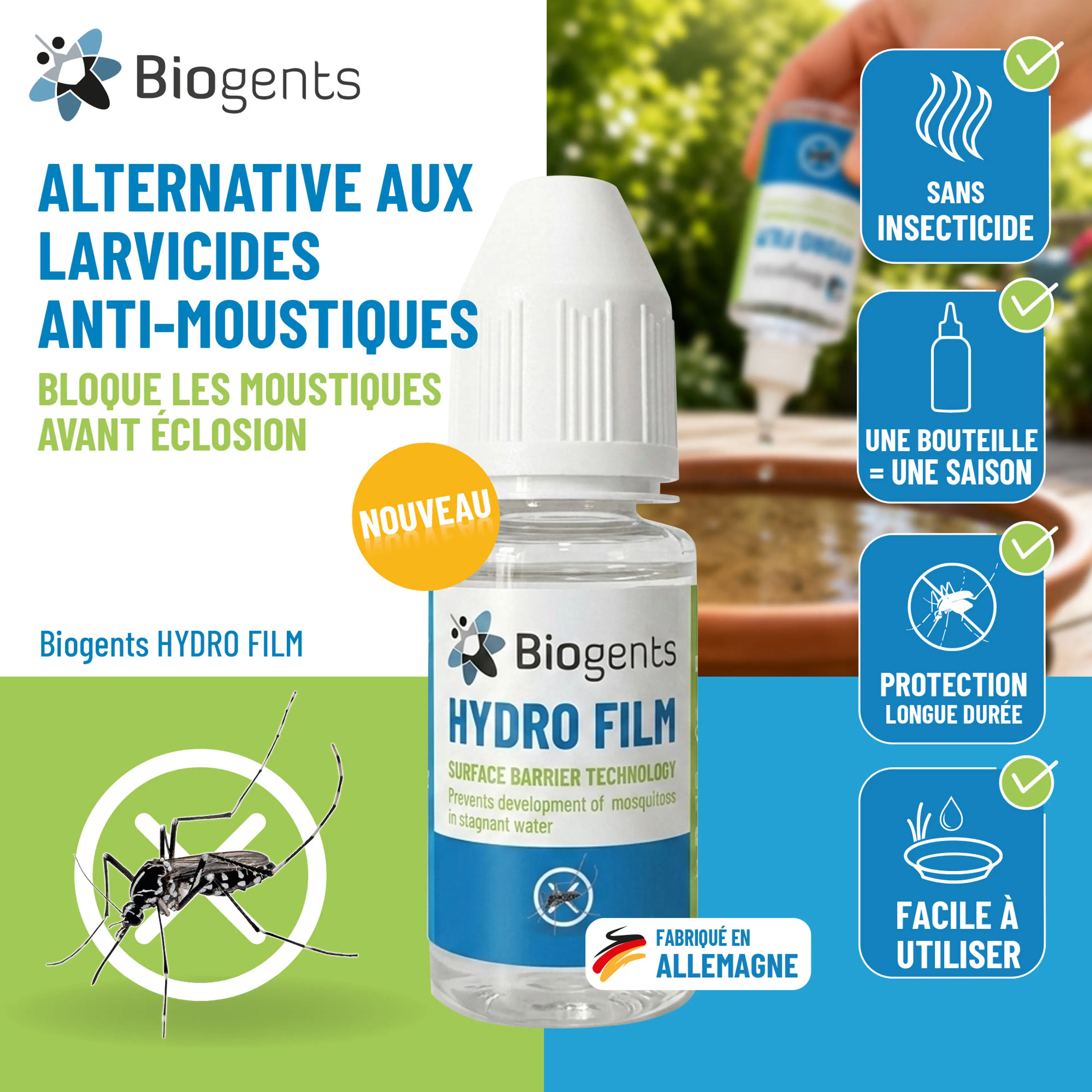 Alternative aux larvicides anti-moustiques : Biogents HYDRO FILM