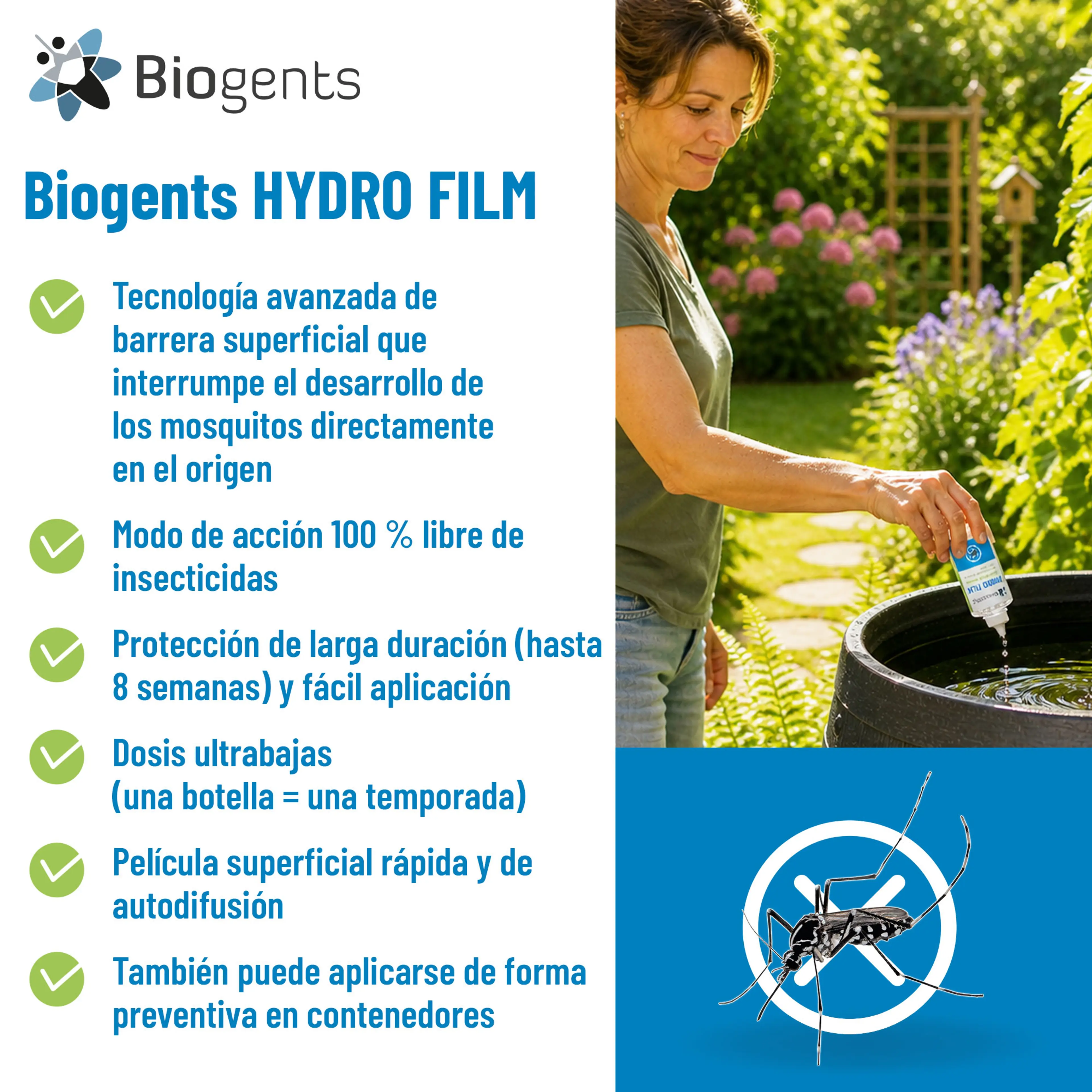 Alternativa al larvicida para el control de los mosquitos: Biogents HYDRO FILM