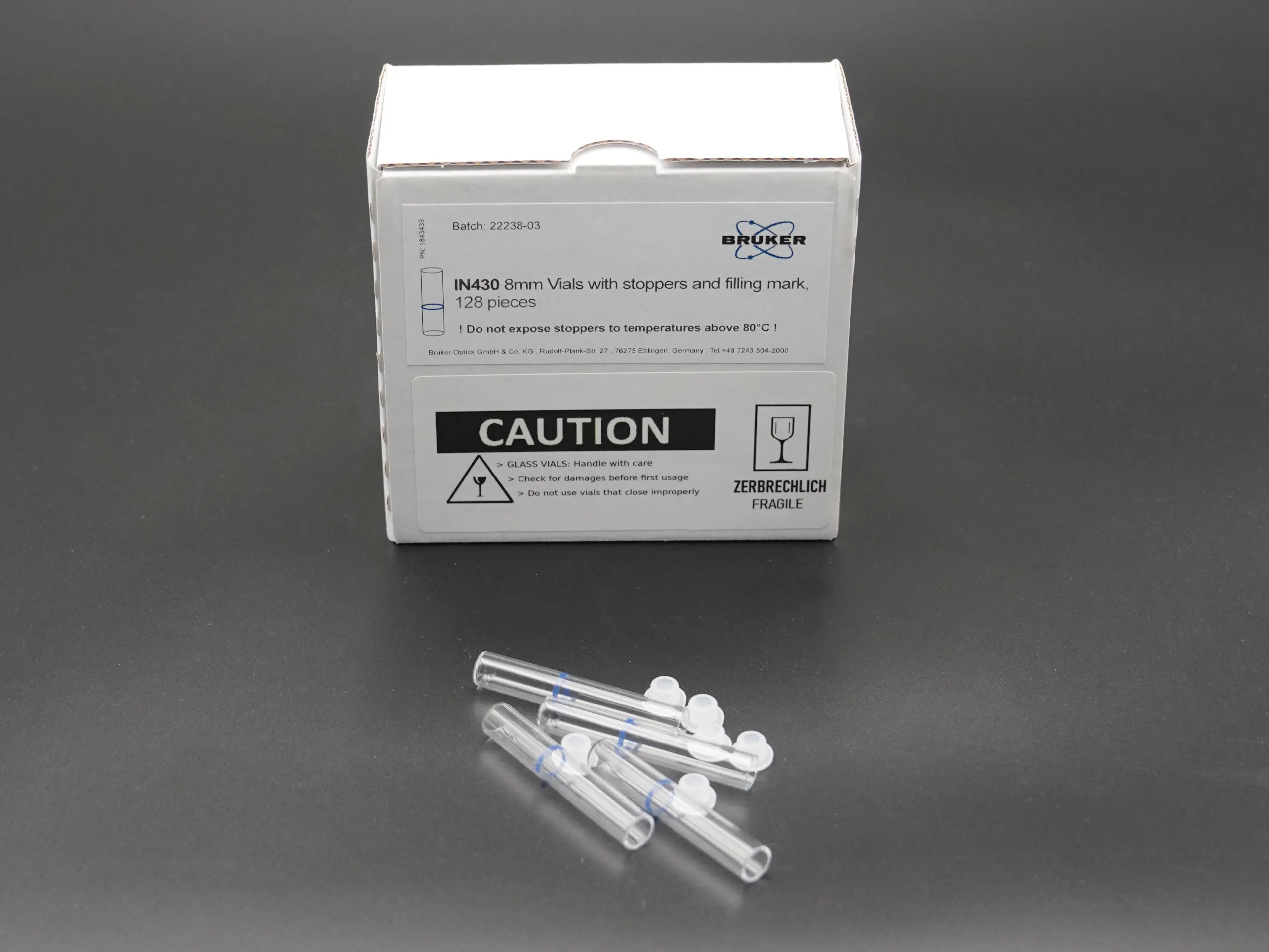 IN430-001: 8mm Vials with stoppers and filling mark, 128 pieces - 1 Pack