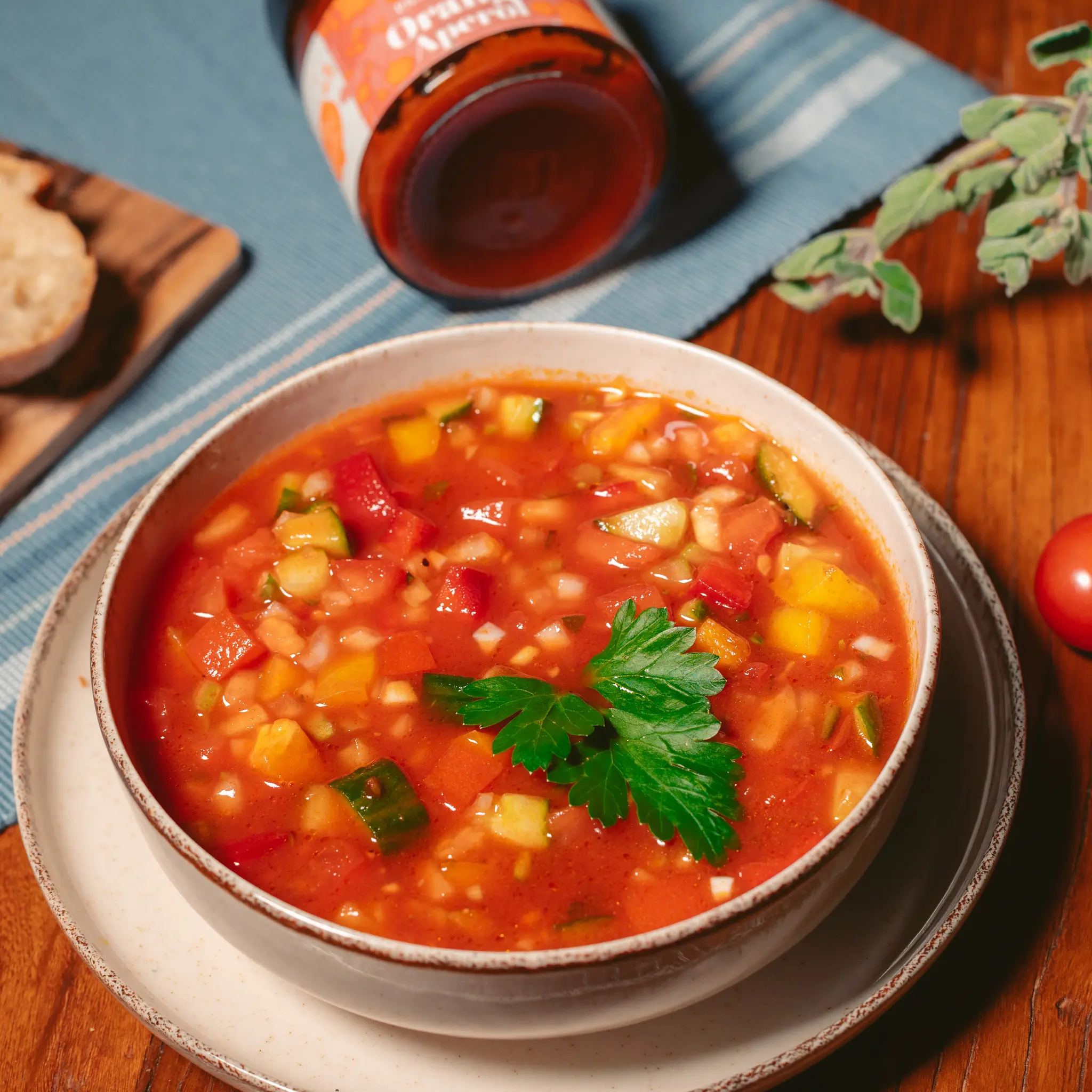 Wuerziger Eintopf mit Pastasauce Orange Aperol