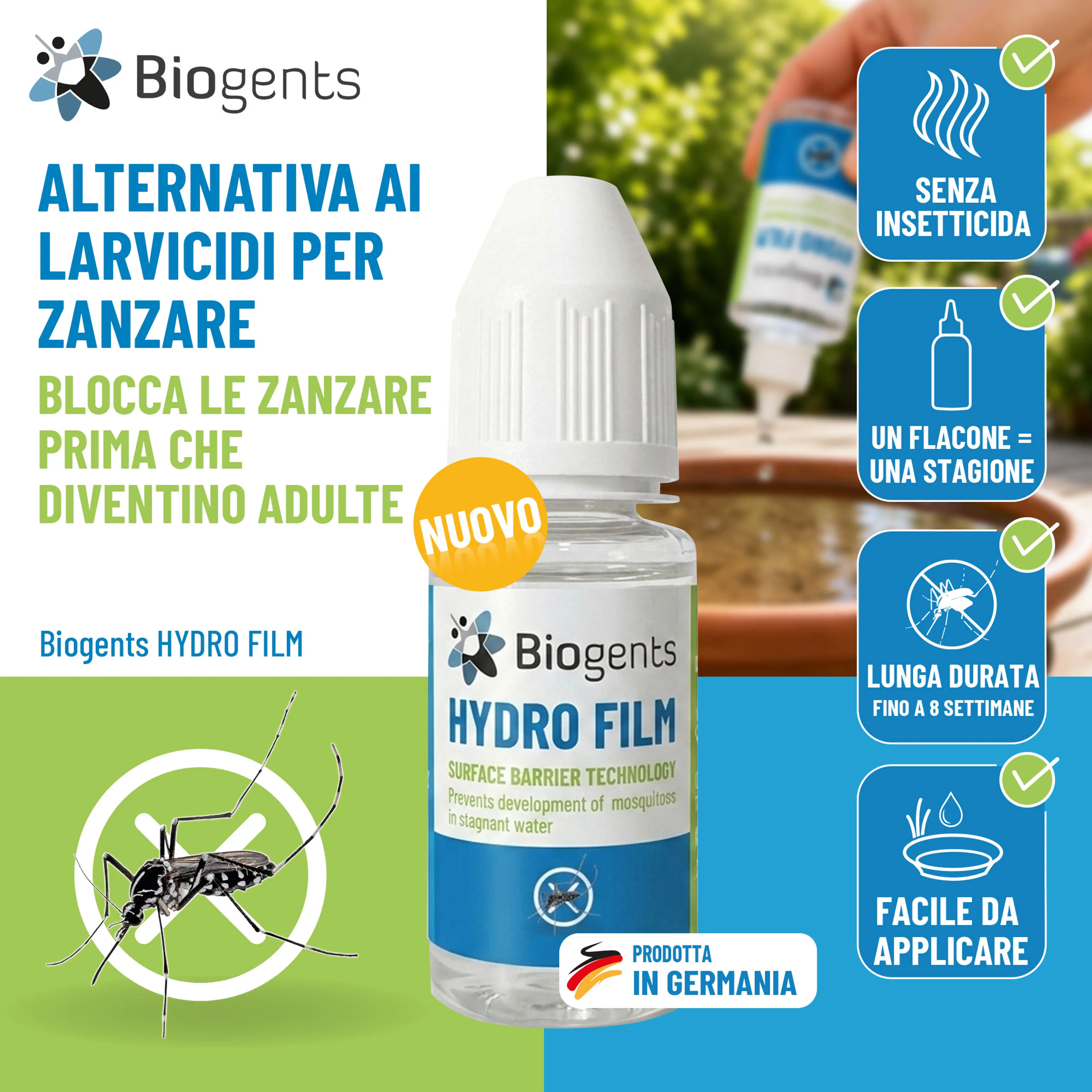 Alternativa ai larvicidi per zanzare: Biogents HYDRO FILM