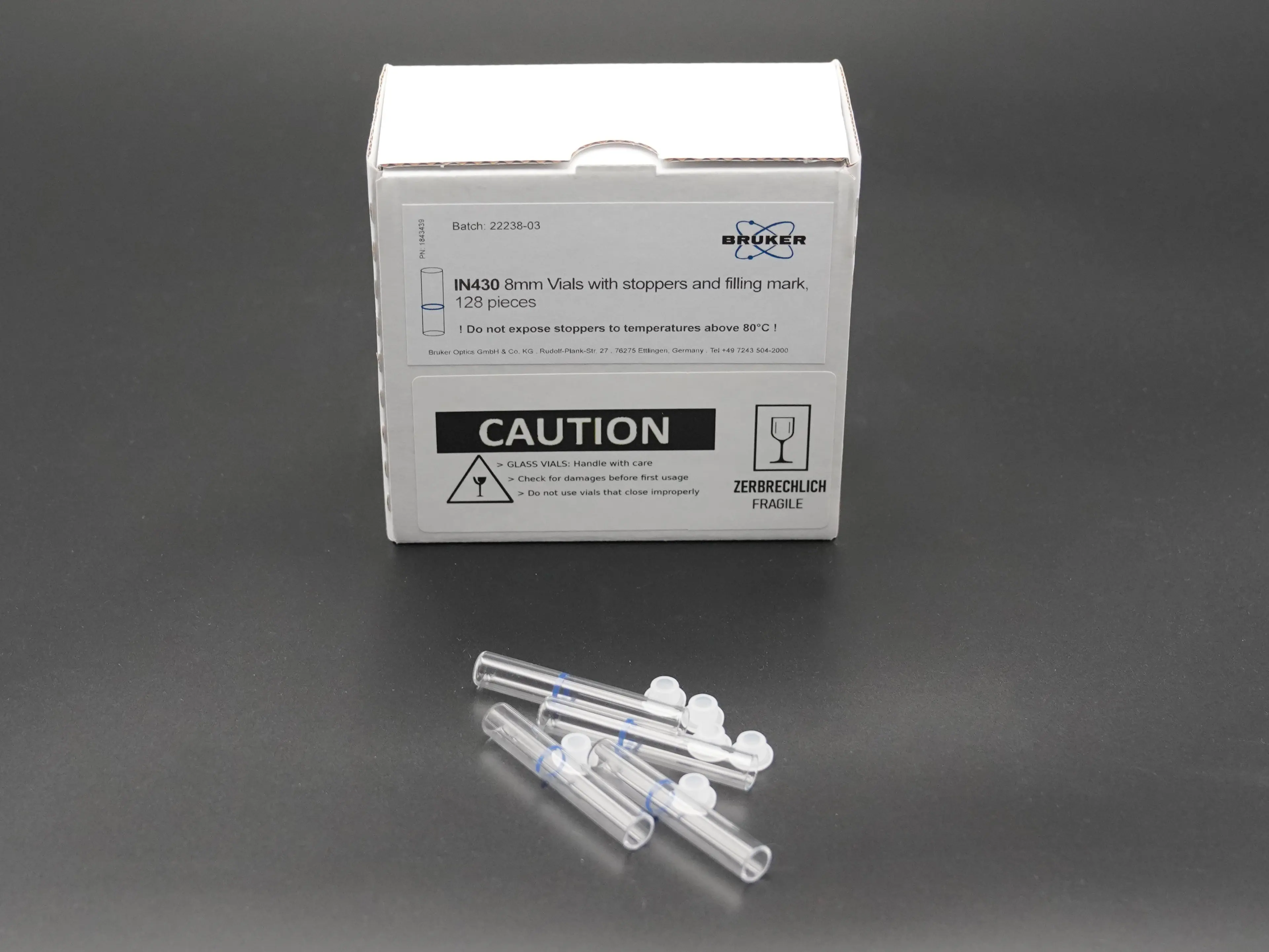 IN430-005: 8mm Vials with stoppers and filling mark, 128 pieces - 5 Pack